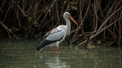 A stork standing in water among mangrove roots.