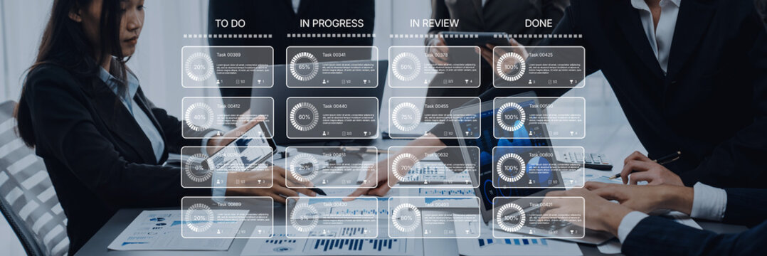 A dynamic office scene featuring a project management board with tasks organized by status, reflecting a collaborative environment where teams strive for efficiency and clear communication. Trope