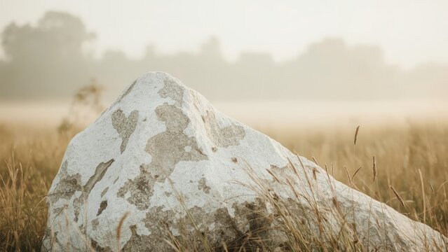 A large white and gray rock in a grassy field with a blurred background.