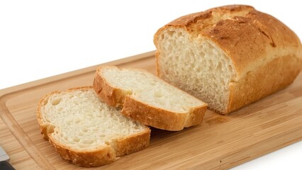 Plain bread loaf with two slices cut and placed on a wooden cutting board.