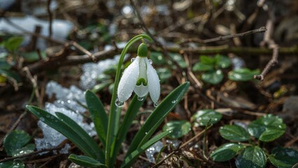Obraz premium Single snowdrop flower blooming among soil and green leaves with water droplets, early spring plant, natural outdoor scene.