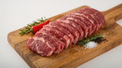 Fototapeta premium Raw meat on a wooden cutting board with salt, pepper, and herbs, ready for cooking.