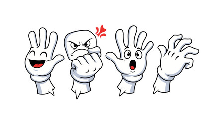 Four cartoon hands displaying different emotions: happy, angry, surprised, and confused, on a white background.