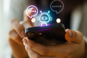 A user interacts with a futuristic chatbot assistant on their smartphone, symbolizing the future of ai-driven communication and customer service.