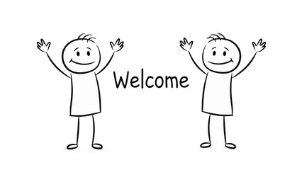 Two stick figures with their arms raised in a welcoming gesture, with the word "Welcome" in the center.