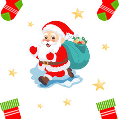 Seamless Christmas pattern with cute Santa Claus, stockings, stars, and holiday elements. Perfect for kids decor, wrapping paper, textiles, and 2025 festive designs