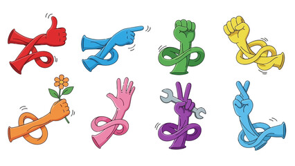 Collection of eight cartoon hands in various poses and colors, each with a flexible, elongated arm.