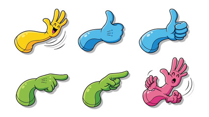 A collection of six cartoon hands in various poses and colors, including waving, thumbs up, and pointing gestures.