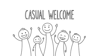 A group of stick figures with smiling faces and raised arms, conveying a sense of welcome and happiness.