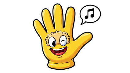 A cartoon yellow glove with a winking face and a musical note speech bubble.