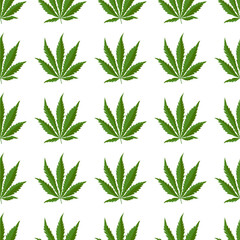 Seamless pattern with green cannabis leaves on a clean white background, suitable for medical cannabis themes, pharmaceutical design, packaging, textiles and botanical projects.