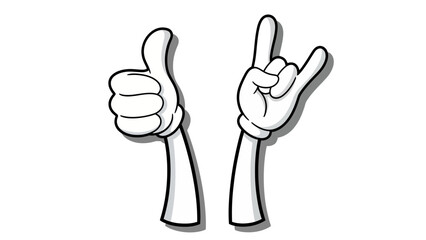 Cartoon hands showing thumbs up and rock and roll gestures on a white background.