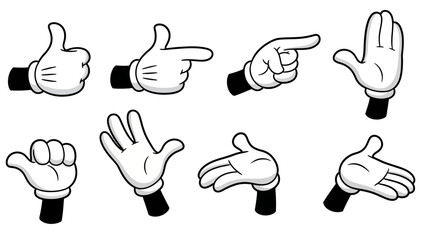 A collection of cartoon hands in various poses and gestures, rendered in a classic animation style.