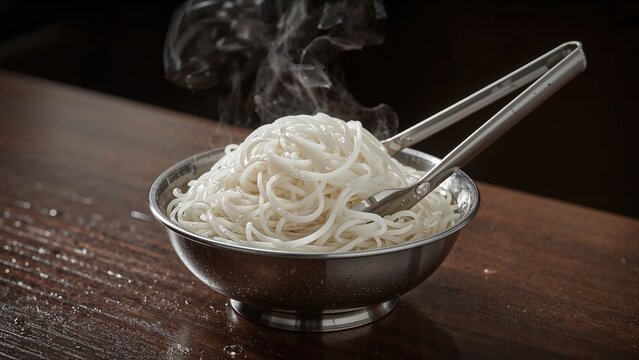 Steaming bowl of white noodles in a metal bowl with metal tongs on a wooden surface.