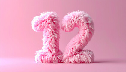Fototapeta premium Pastel fluffy number 12 on pink background, soft textures, cute and playful style.