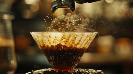 Slow motion footage of coffee grounds being poured into a filter with water mixing in a glass cup