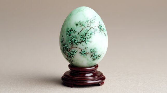 A beautifully crafted jade egg adorned with delicate floral designs, displayed on a wooden pedestal against a neutral background.