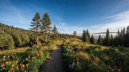 Pathway through a lush forest with tall pine trees, vibrant wildflowers, and rolling hills under a bright blue sky.