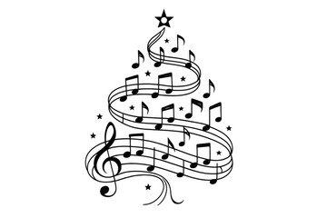 Christmas music tree creating a festive carol melody, illustrating holiday celebration with musical notes and a treble clef. Background is transparent