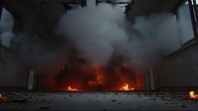 Massive Fire Explosion in Abandoned Building Interior Hallway