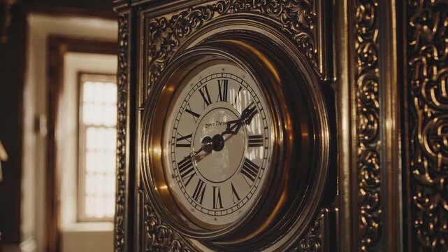 Close-up of vintage clock on wall with intricate details. clocks hands move steadily, marking passage of time in quiet, elegant setting. beautifully designed antique clock on wall with ornate details