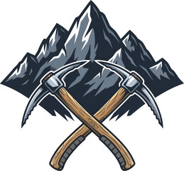 Crossed Pickaxe Tools with Mountain Illustration