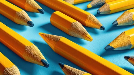 Pattern of yellow pencils on pastel blue background arranged in neat rows with simple design