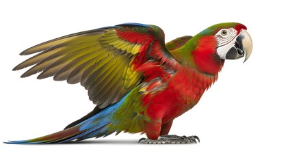 Fototapeta premium A creatively enhanced rephrasing of parrot perched with vibrant plumage and curved beak, wings slightly lifted, isolated on white, depicted with richer detail and a more artistic presentation.