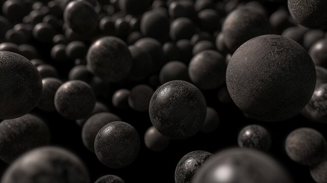 Abstract background of floating black spheres with a rough stone texture. 3D render of microscopic particles or molecules. Science and technology concept