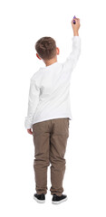 Child drawing something with marker on white background, back view