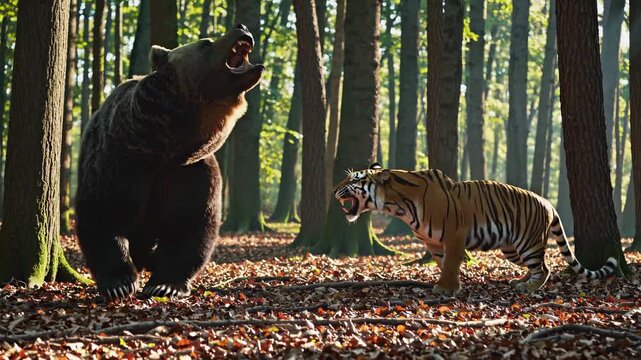 bear and tiger facing off in forest with autumn leaves scattered on ground. bear and tiger in face-to-face encounter in forest, surrounded by trees and foliage. tension between animals.