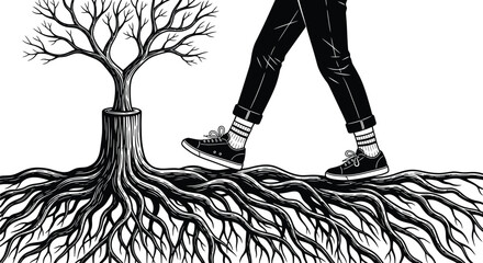 Human Walking Above Tree Roots Concept Vector Illustration