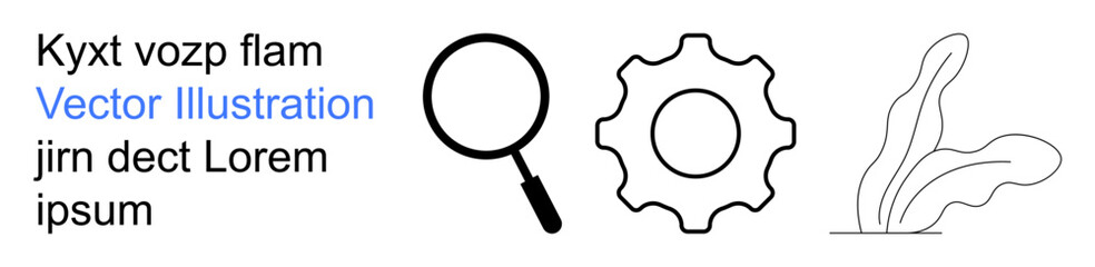 Research, problem solving, nature, exploration, innovation, technology. Magnifying glass, gear and abstract plant shapes in black outline. Research and problem solving concept