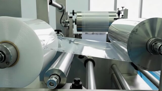 Industrial machinery processes transparent film, showcasing intricate details and movement, with a focus on production efficiency and technology