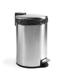 One metal trash bin with plastic bag isolated on white