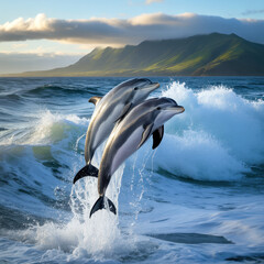Fototapeta premium Two playful dolphins leap high above crashing ocean waves against a backdrop of lush green coastal mountains