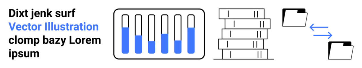 Fototapeta premium Graph bars, bar stacks, document folders, and arrows for data storage, document transfer, and organization workflows. Ideal for data flow, analytics, file management education and simple landing
