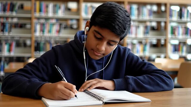 Student writes notes in notebook while focused on learning in library setting. Calm atmosphere with rows of books in background. Concept of education, study, library