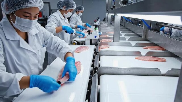 Skilled workers expertly filleting fish in a clean processing facility, showcasing precision and teamwork, camera pans across the scene