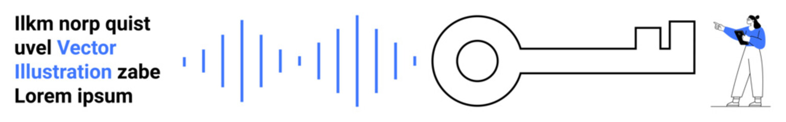 Large key outline with sound waves representing audio or digital signals, person pointing towards the key. Ideal for technology, security, audio access, innovation, digital design, data privacy