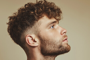 Obraz premium Profile view of a handsome young man showcasing a modern curly hairstyle and full beard