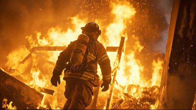 Firefighter with Oxygen Tank Walking through Intense Flames and Debris of Burning Building