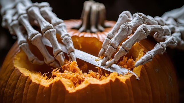 Bone white skeletal hands carving Halloween jack-o'-lantern with sharp knife creating terrifying grimace and orange pumpkin shavings on dark background