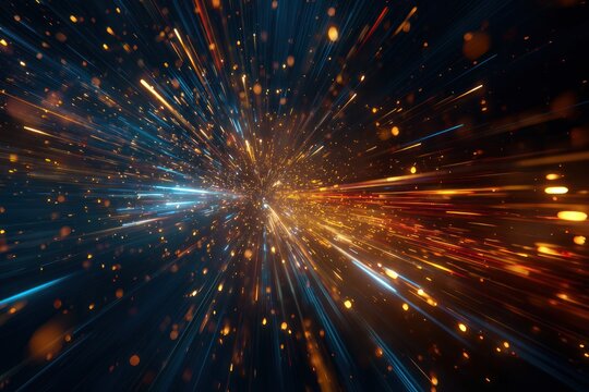 Dynamic Light Burst With Neon Rays And Sparkling Particles&mdash;Fast Cosmic Explosion For Tech, Sci‑Fi, And Energy Themed Visuals