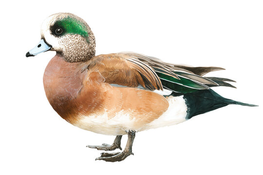 Male American Wigeon duck hand drawn watercolor bird