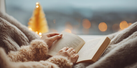 Cozy reading session by the window illuminated by warm string lights