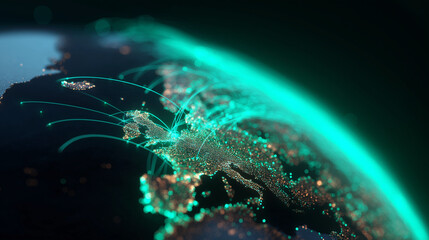 Digital Earth connectivity map of Europe with glowing data lines