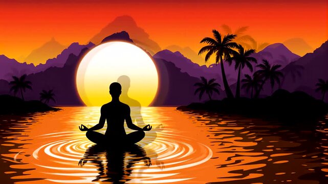 Soul liberation through meditation at tropical sunset