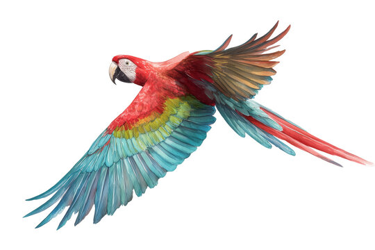Red and green macaw flying hand drawn watercolor bird