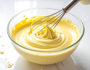 Close-up of creamy custard in a glass bowl being stirred with a metal whisk